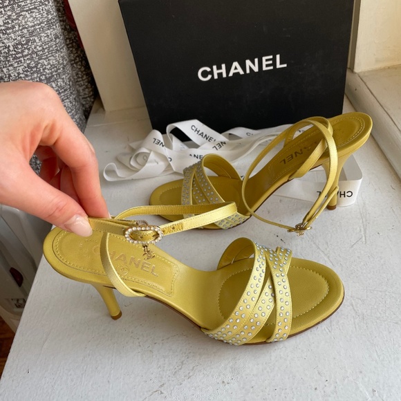 CHANEL Shoes - Chanel yellow gold rhinestone heels